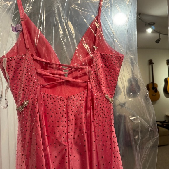 Prom Gown - Pink Full Length Lace-up back with Crystal bling worn once - Picture 8 of 13
